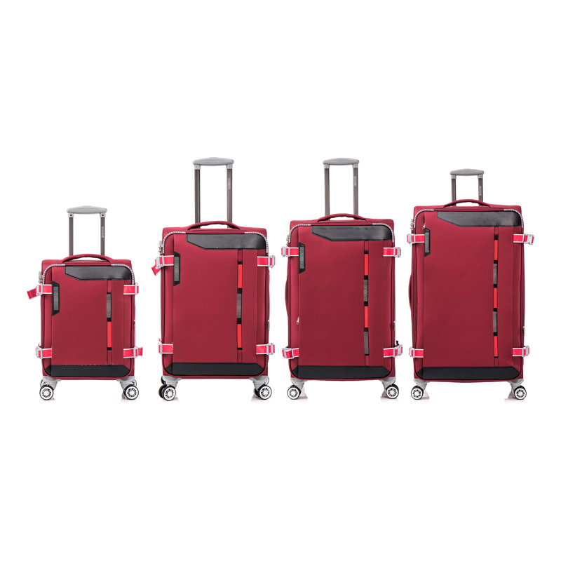Ensemble de 4 valises verticales en rouge Claret, légères et extensibles pour un maximum de rangement, avec roulettes pivotantes à 360 degrés, poignées de transport à profil bas, compartiments extérieurs, poche intérieure de couvercle, côté
