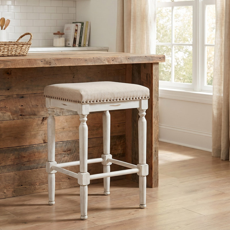 Transitional Beige 24 Inch Barstool with Comfortable Upholstery