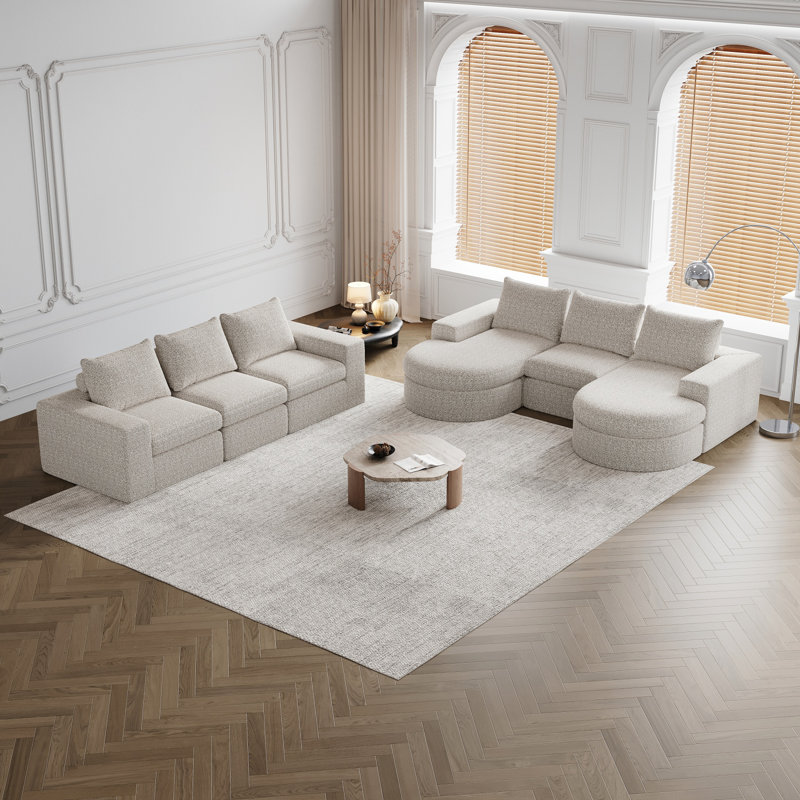 Canapé modulaire courbé en chenille avec méridienne en L Chenille Cloud, Chenille beige
