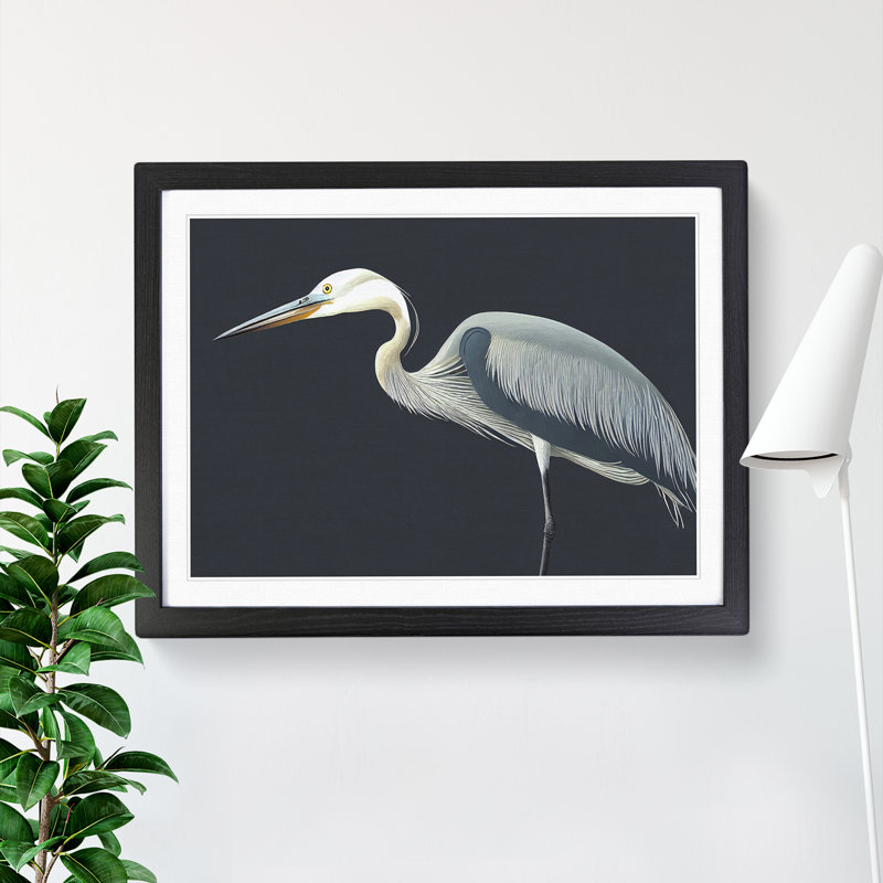 XH1022-1252X Beaming Heron Bird - Single Picture Frame Print, Black, 34cm H x 46cm W x 2cm D