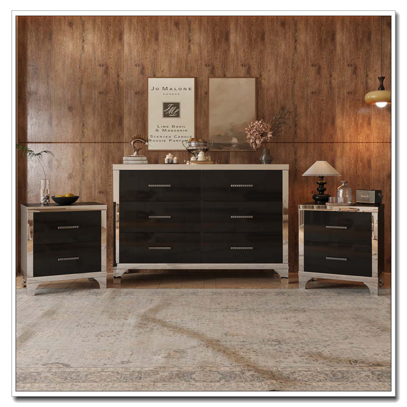 Ensemble 3 pièces, commode et deux tables de chevet avec poignées en métal et décoration de miroir, élégante et subtile, noir