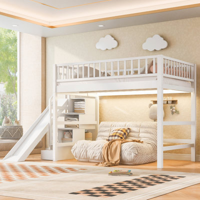Full Size Loft Bed with Storage Staircase, Slide and LED Light, White