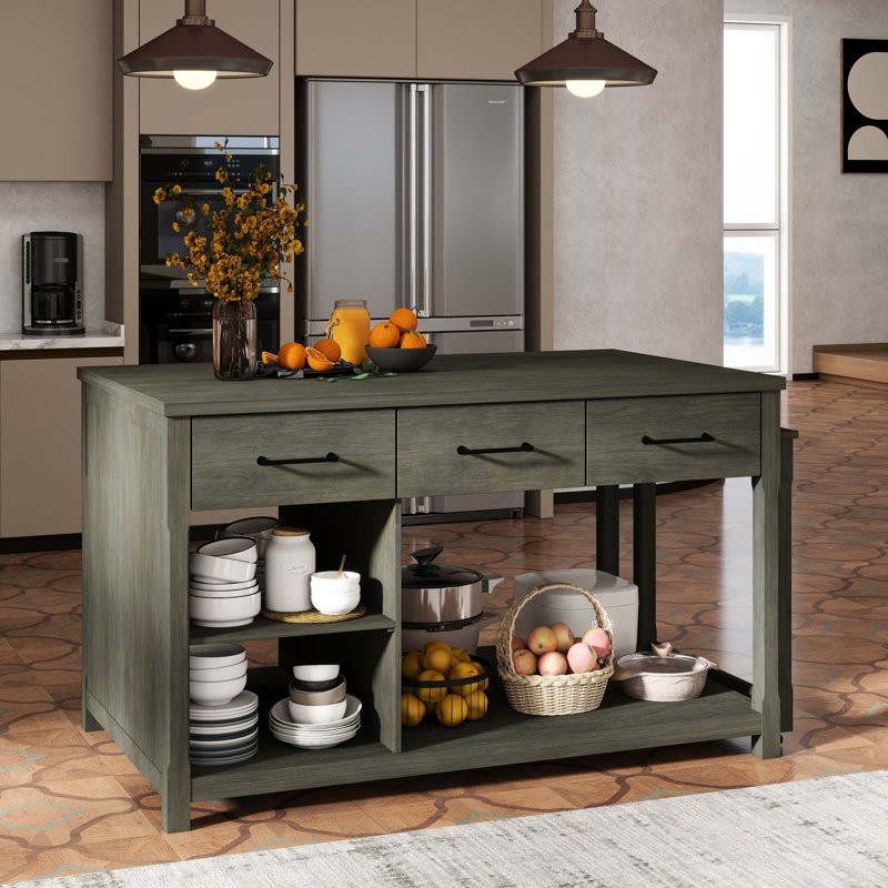 Îlot de cuisine extensible - gris. Rangement avec tiroirs et tablettes ouvertes, bloc d'alimentation intégré pour Grey By. Prises de courant Utilisation pratique