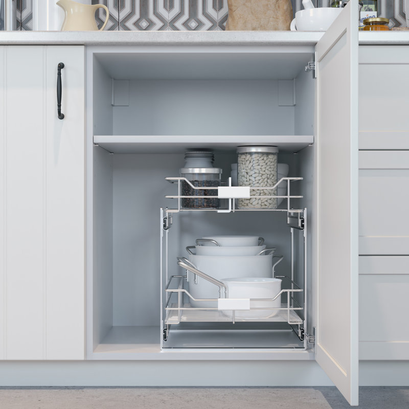 Rangement coulissant dans l'armoire avec tablettes de rangement à 2 niveaux et glissières à roulement à billes, largeur de 14 po
