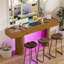 Console de style maison de campagne de 63 pouces de long, table d'entrée en bois avec lumière DEL, canapé étroit derrière le canapé, plusieurs modes d'éclairage réglables, pour les salons, le vestibule, le couloir, brun rustique