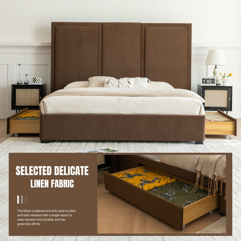 Morghen Upholstered Platform Bed With Extra High Headboard And 2 Extra Large Capacity Drawers, Brown, King