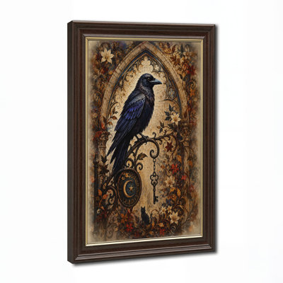 Black Raven Perched on Ornate Gothic Arch Halloween Canvas Wall Art