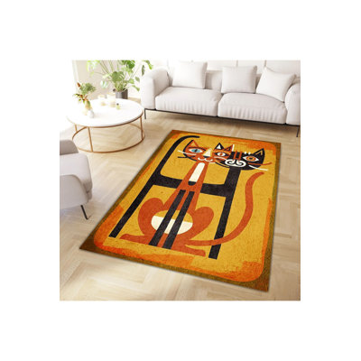 Northern Collection Orange Toned Two Cats Patterned Woven Base Modern Decorative Rug