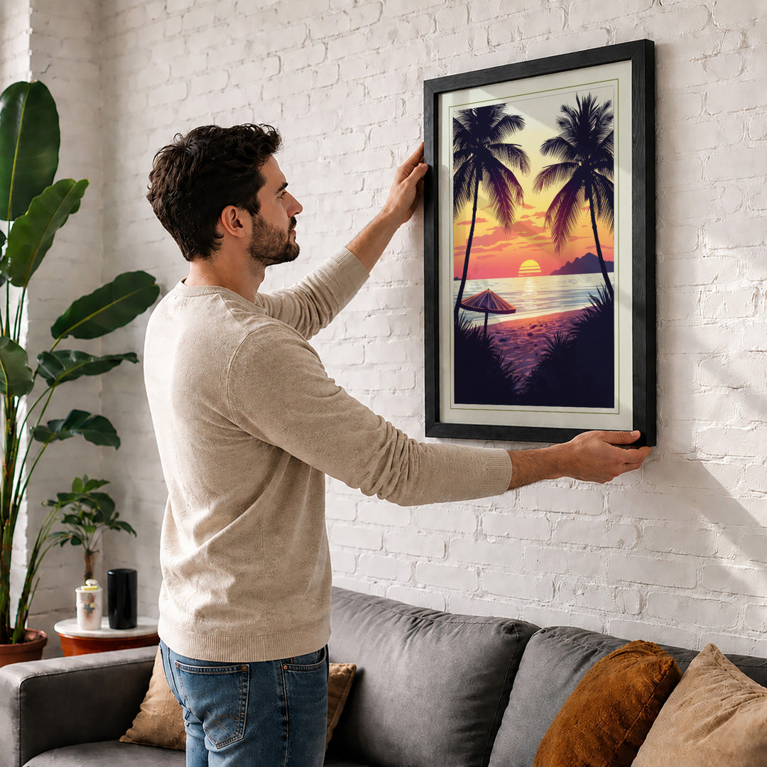 Tropical Sunset Palms Coastal - Framed Print
