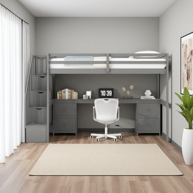 Twin Size Loft Bed Frame With Built-In Desk And Double Storage Drawers, Gray