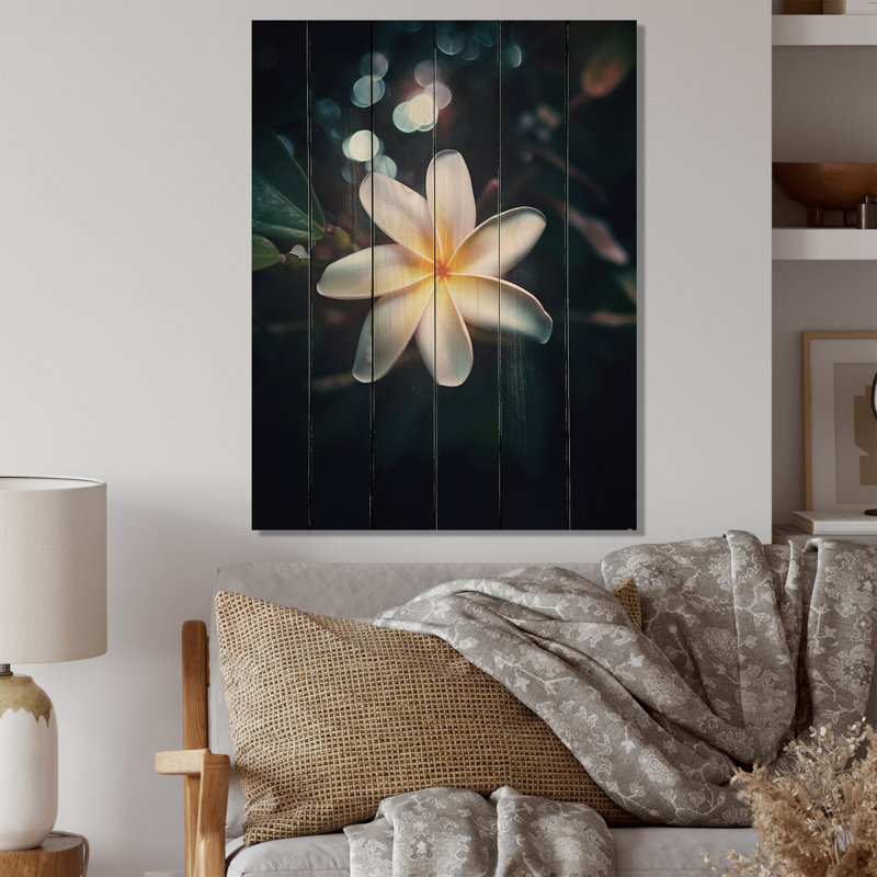 Celsea blanc jaune exotique fleur de plumeria sur bois, H 32 po x l 24 po x P 0,78 po