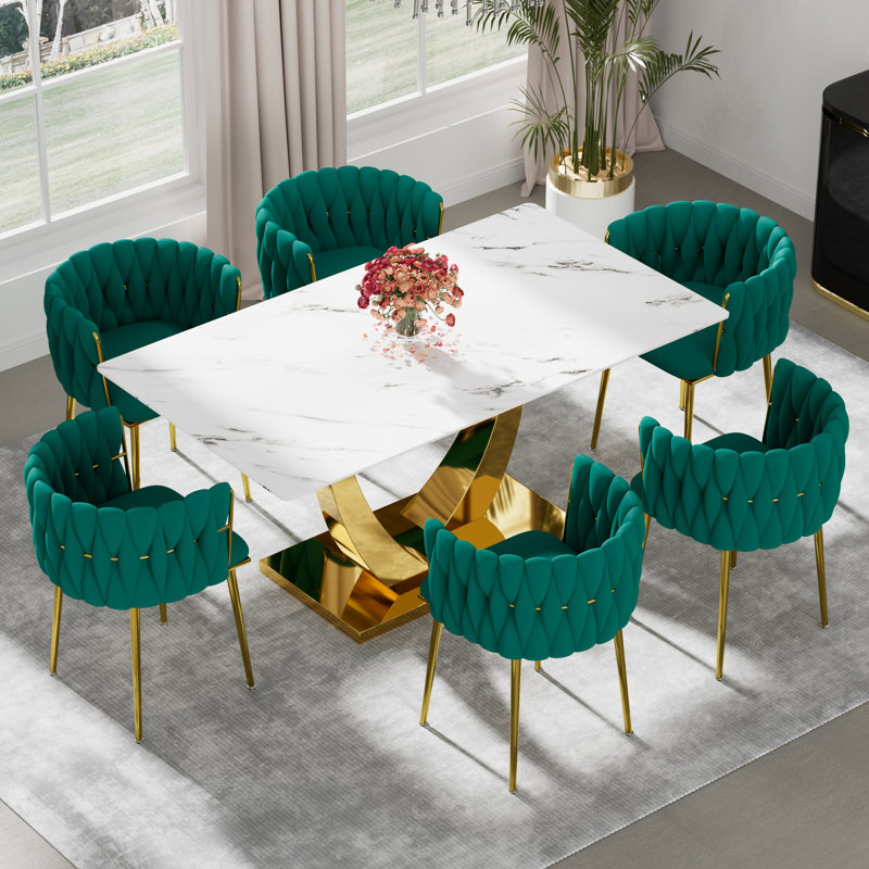 Ensemble de salle à manger rectangulaire à piédestal avec chaise tissée, H 29,5 po x L 63 po x l 35,4 po, Vert