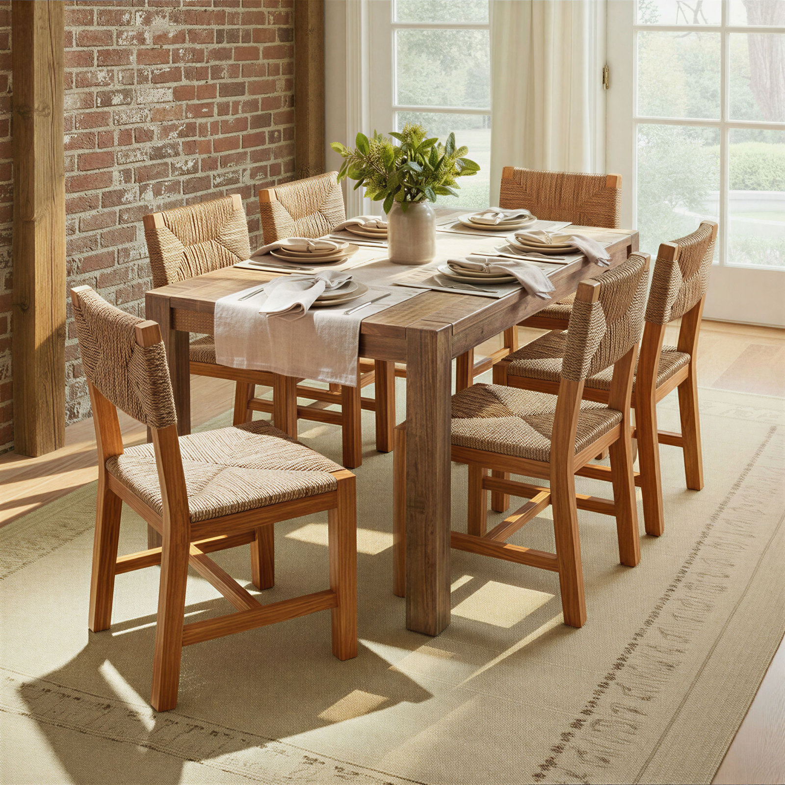  Mahogany Wood & Natural Woven Seagrass Rope Dining Chair, Honey Stain