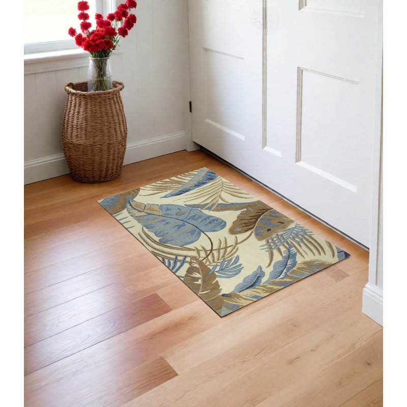 Tapis touffeté à la main botanique tropical en laine ivoire et bleue 2 pi x 4 pi Vredenburgh, Rectangle 2 pi x 4 pi