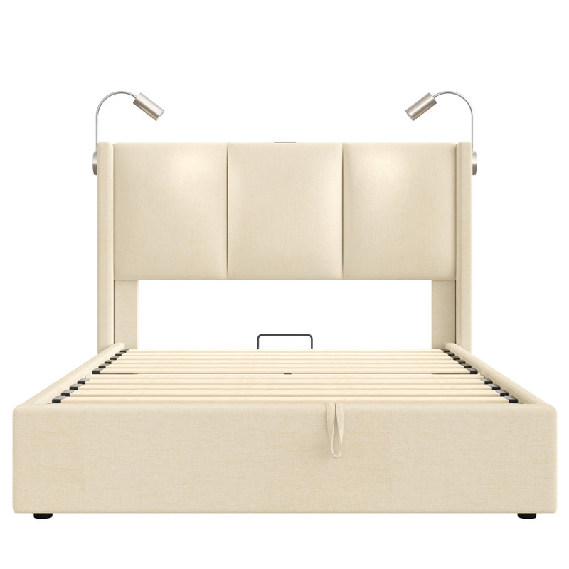 Reman Lift Up Storage Upholstered Platform Bed, Linen Upholstered Bed Frame With 2 Reading Lights