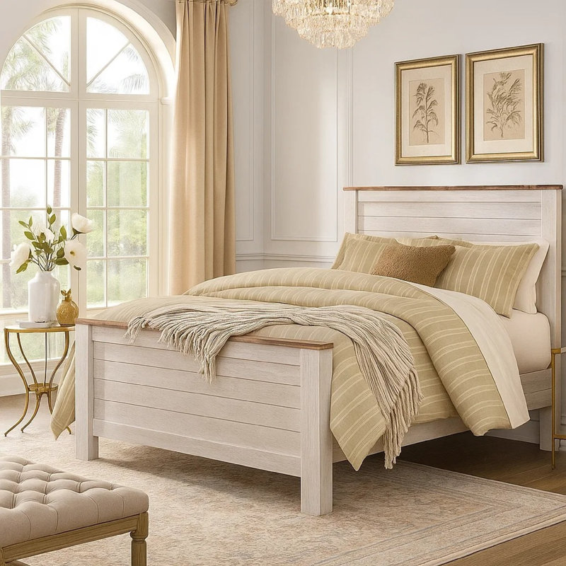Très grand lit à panneaux Isla, motif de faux planches, blanc délavé et bois brun, Grand