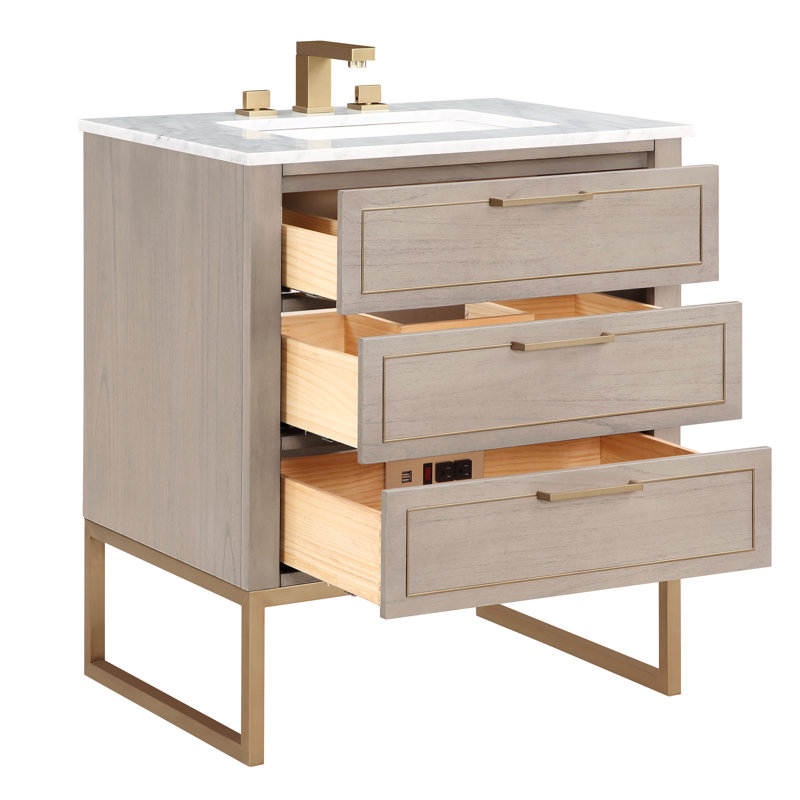 Markham 30 in. Single Vanity, Carrara Marble, Cashmere Gray, Satin Brass