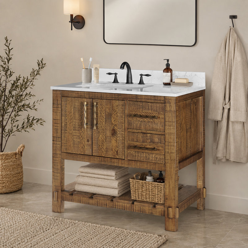 Meuble-lavabo 36 po avec lavabo Farmhouse, bois massif, 2 tiroirs, 2 portes à fermeture en douceur, tablette de rangement ouverte, comptoir et dosseret en marbre 0,79 po, brun rustique