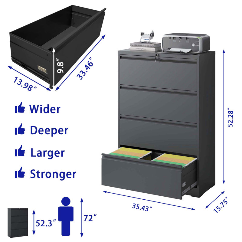 Mantell 35.43'' Wide 4 -Drawer Steel File Cabinet, Black