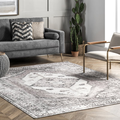 Teo Medallion Machine Washable Area Rug for Living Room Bedroom Dining Room Kitchen, Light Grey/Ivory