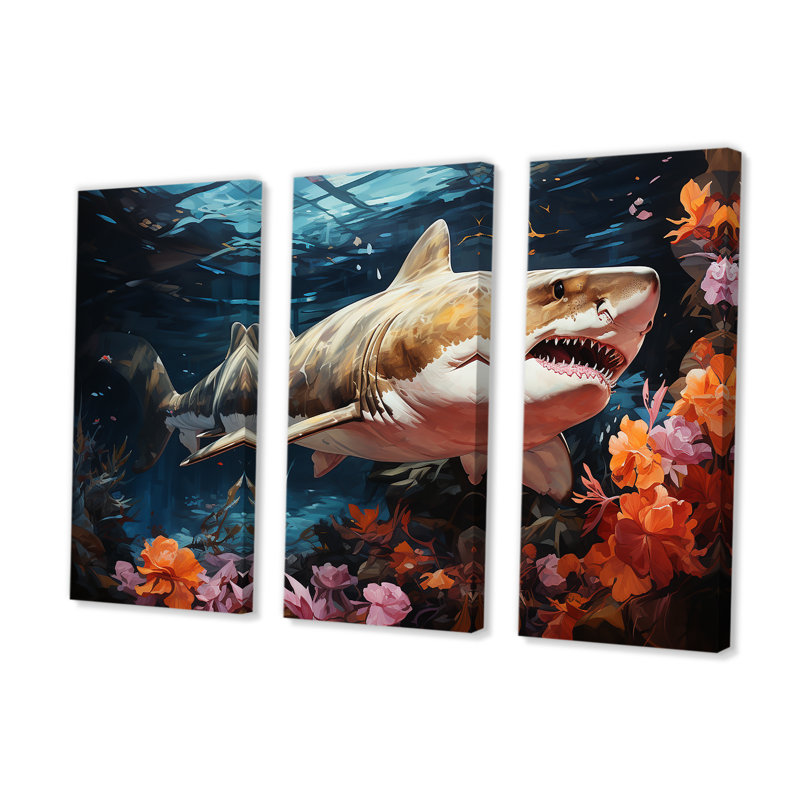 «Silent Hunter Sharks Portrait II - Coastal Coral Under Water», ensemble d'art sur toile, H 32 po x l 48 po x P 1 po