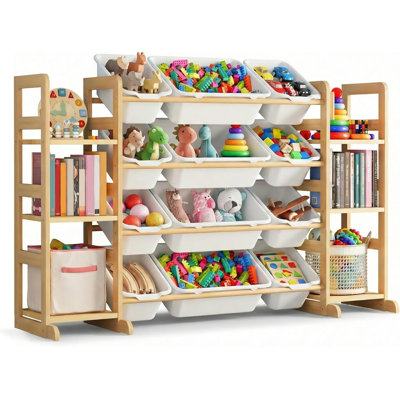CPC Certified 12-Bin Solid Wood Montessori Kids Toy Organizer, BPA-Free Natural Wooden Storage Unit for Playroom, Nursery & Living Room, 52.3