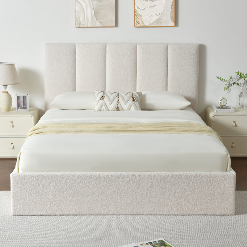 Juanetta Hydraulic Lift Up Storage Upholstered Platform Bed, Queen, White Boucle