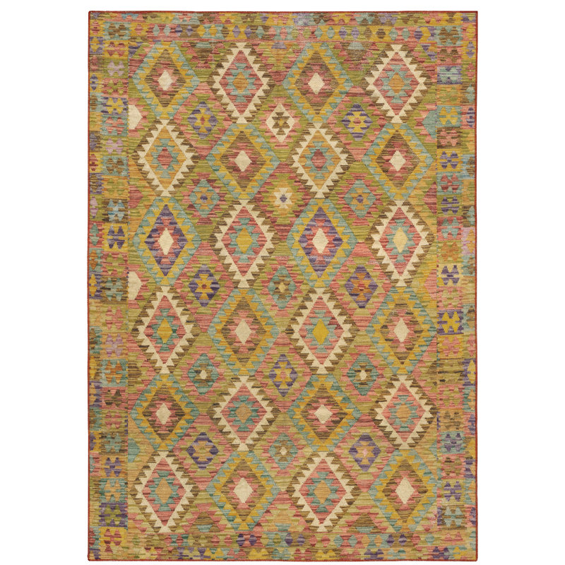Hovey Tribal Diamond Machine Washable Gold/Red/Brown Area Rug Mat, Rectangle 3'6" x 5'6"