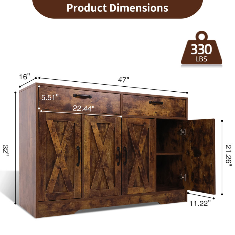 Bundrage 47.2'' Sideboard, Kitchen Island, Barn Door Storage Cabinet with Two Drawers, Rustic Brown