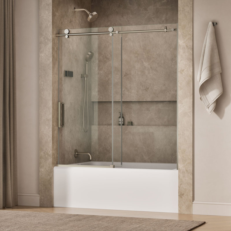 Composed 62 In. H Sliding Bath Door With 3/8 In. - Thick Glass, Nickel