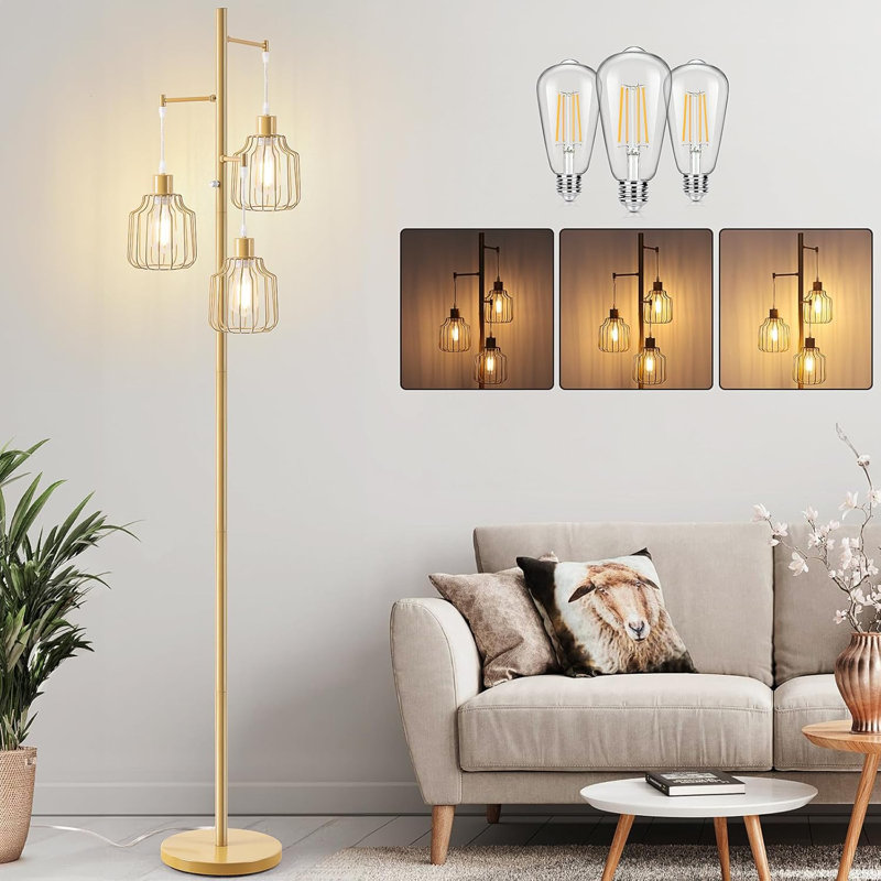 Dimmable Floor Lamp With 3 X 800LM LED Edison Bulbs,Tall Standing Lamp For Living Room,Farmhouse Black Corner Floor Lamp,Bright Industrial Rustic Vintage Tree Pole Light With Cage For Bedroom Office