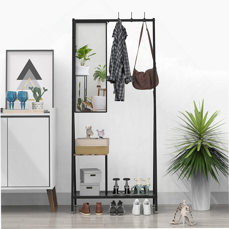 Coat Rack With Mirror, Multifunctional Hall Tree With Shoe Storage,  Aluminum Frame, For Living Room Bedroom 73X32x15 Inches, Industrial Style, Rustic Brown And Black