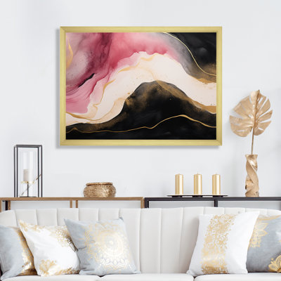 Abstrait vague dorée rose et noire sur toile