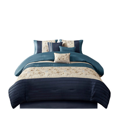 Embroidered 7 Piece Comforter Set Navy