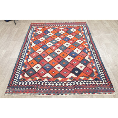 Tapis unique en laine noué à la main nouvel âge rouge / bleu 5 pi 4 po x 7 pi 8 po Nima