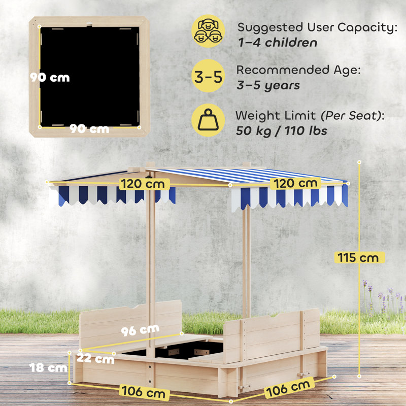 17kg 106cm x 106cm Wood Square Natural Play Sandbox with Cover