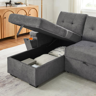 Toby 95-inch Gray Woven Fabric Reversible Sleeper Sectional Sofa with Storage Chaise – L-Shaped Pull-Out Bed, Cup Holders, USB/USB-C Ports, Pocket Coil Seating & Space-Saving Design