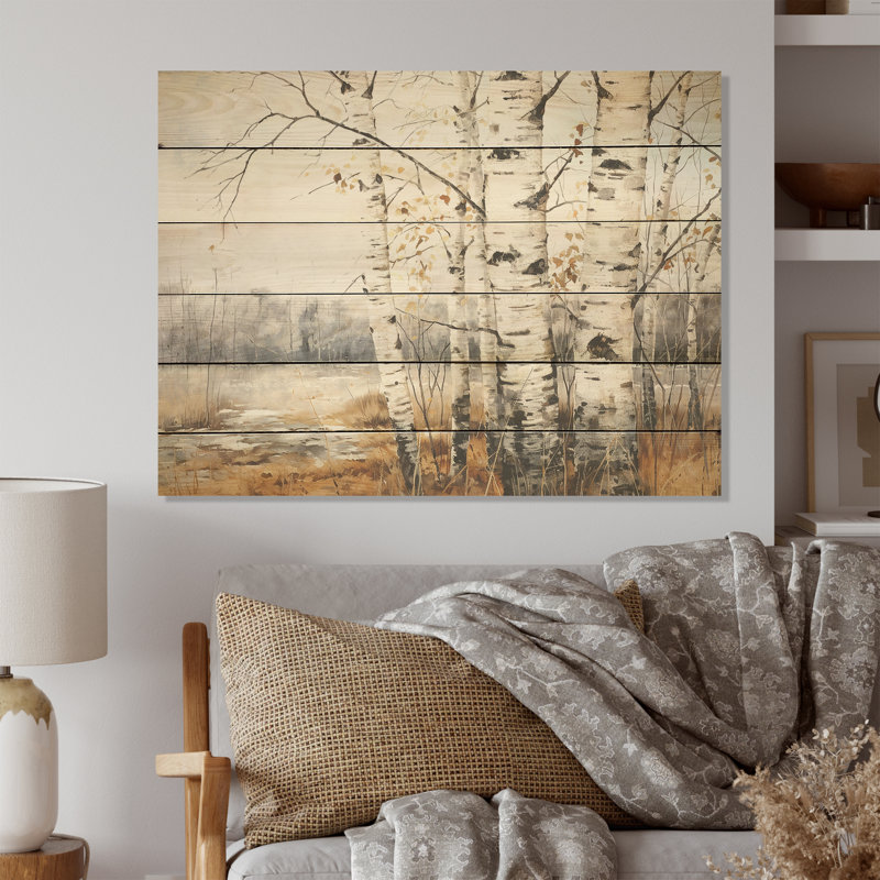 Argent argent minimaliste avec bouleau - Art sur bois de pin naturel, H 24 po x l 32 po