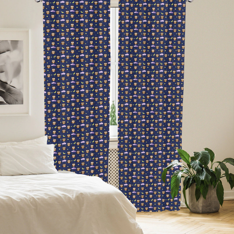 Indigo and Multicolor Owl Starry Night 63" Rod Pocket Curtains