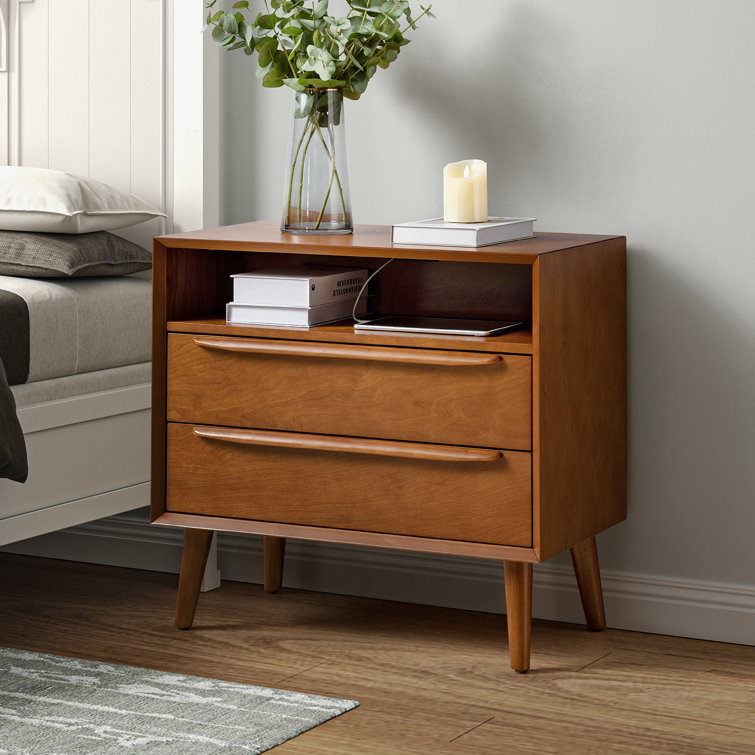 Aviannah Midcentury Modern 2 - Drawer Nightstand with Built-In Charging Station and Rubber Wood Legs and Open Shelf