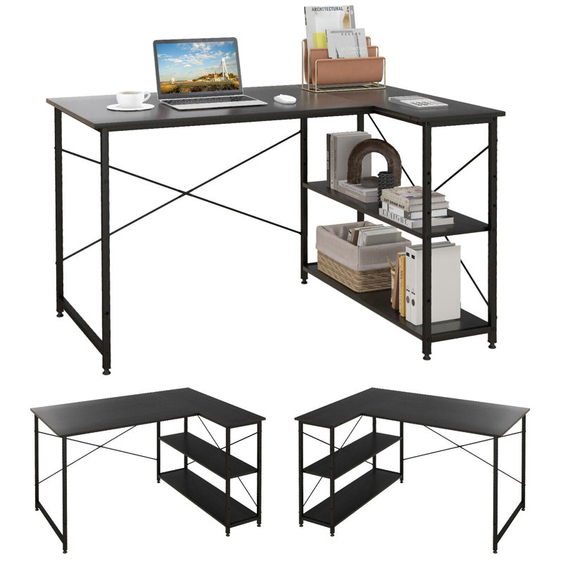 L-Shaped Computer Desk Reversible Corner Desk With Adjustable Shelf, Black