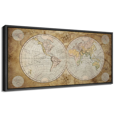 " Vintage World Map with Antique Style Illustrations Antique Retro Ready to Hang Painting " Print