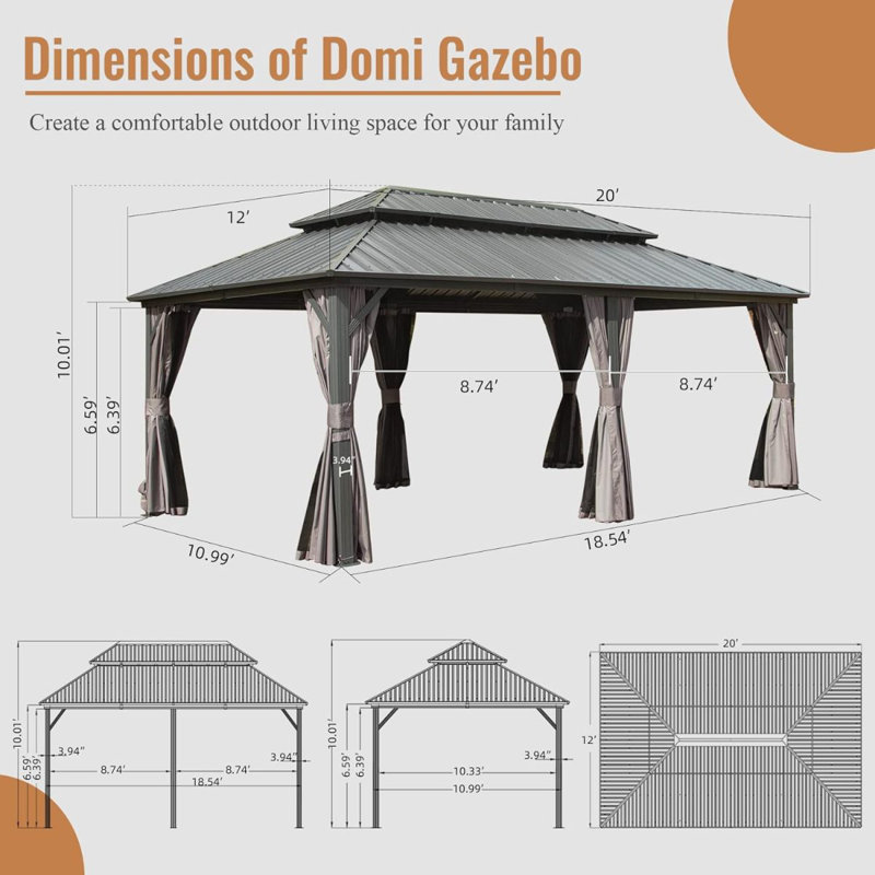 Pavillon de jardin d'extérieur en aluminium, Gris