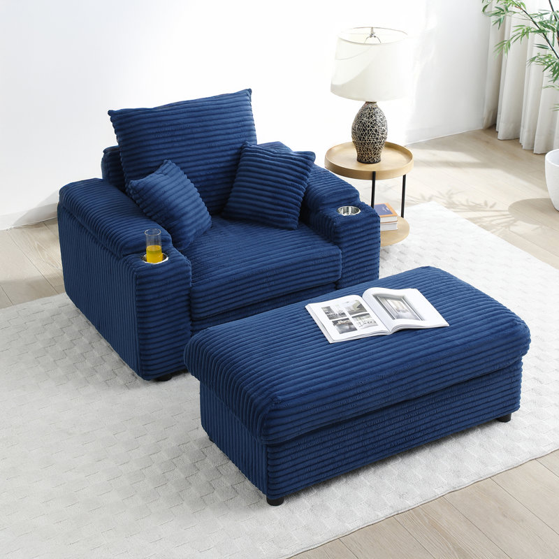 Abegale Upholstered Chair with Ottoman, Plush Chair Chaise Lounge Chair with Pillows, Navy Blue Corduroy