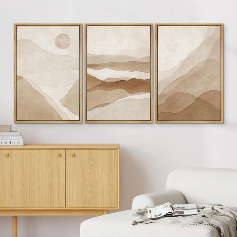 Brun clair, sérénité, soleil, montagne, paysage, art minimaliste, reproduction d'art sur toile encadrée, 3 pièces, Naturel