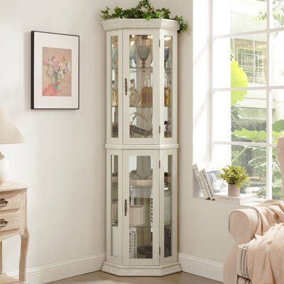 Vitrine de coin lumineuse avec tablette en verre avec portes en verre trempé, tablettes réglables et ampoule à perles incluse - armoire de bar idéale pour la décoration intérieure - BLANC