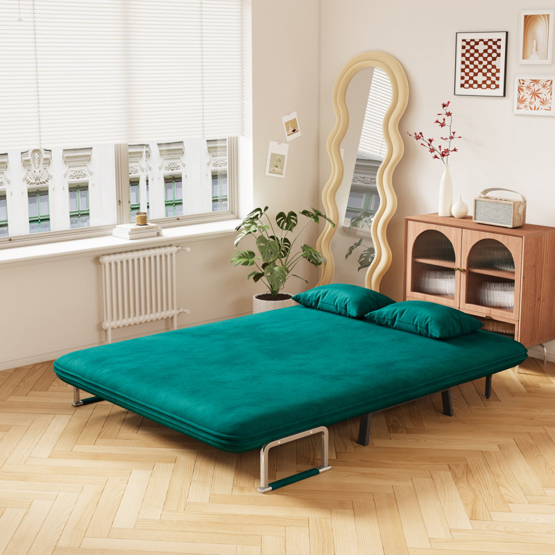 Velvet Antique Green 55″ Convertible Chair Bed, Tri-Fold Sofa Bed With Adjustable Backrest & Pillow, Leisure Chaise Lounge Couch With Sturdy Steel Frame For Home & Office, Comfortable Sleeper Chair