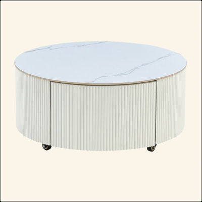 Table basse ronde moderne mobile avec roulettes, 2 tiroirs, plateau en pierre frittée à motif marbré