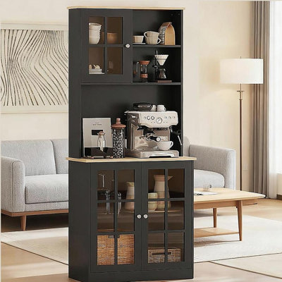 Freestanding Cabinet,Kitchen Pantry Storage Cabinet, Large Countertop, Glass Doors and Adjustable Shelves