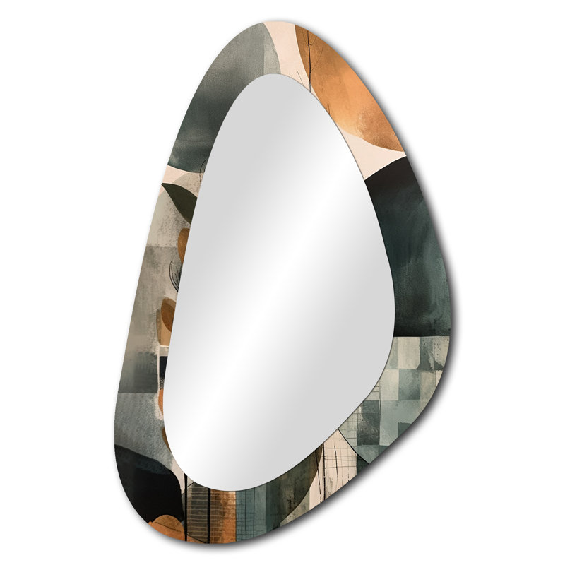 Vert et brun artistique Libération II - miroir asymétrique plume Boho, miroir mural décoratif de forme unique vert, impression sur métal